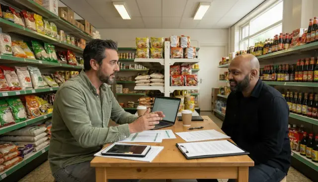 Adviseur Michael Juten bespreekt nadeelcompensatie en omzetderving met een winkelier in een Nederlandse supermarkt